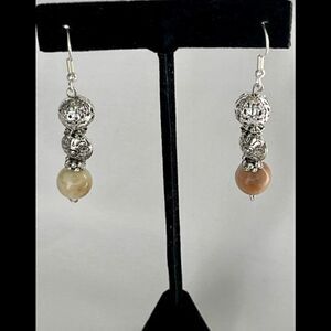 Silver Tone Dangle Beaded Earrings with Amazonite and Textured Embossed Beads